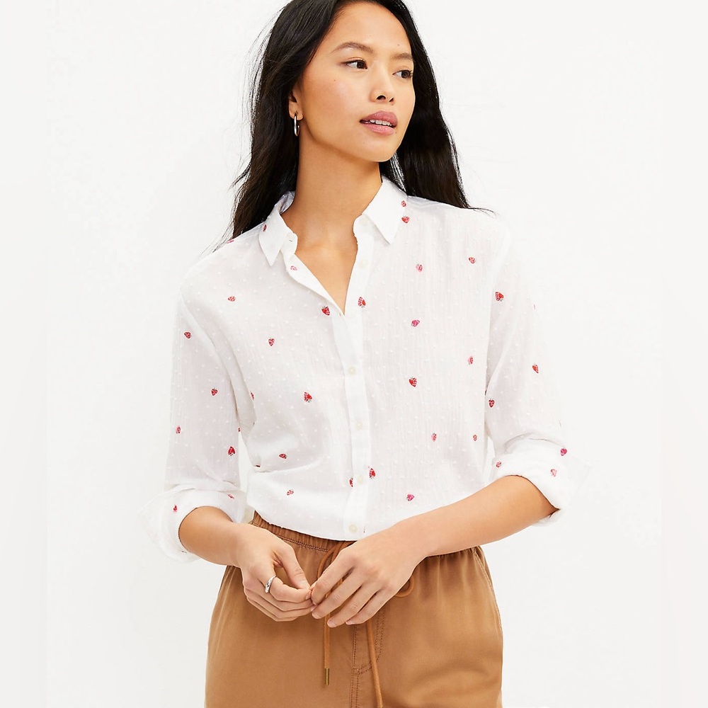 White Embroidered Strawberry Button Down Loft Shirt